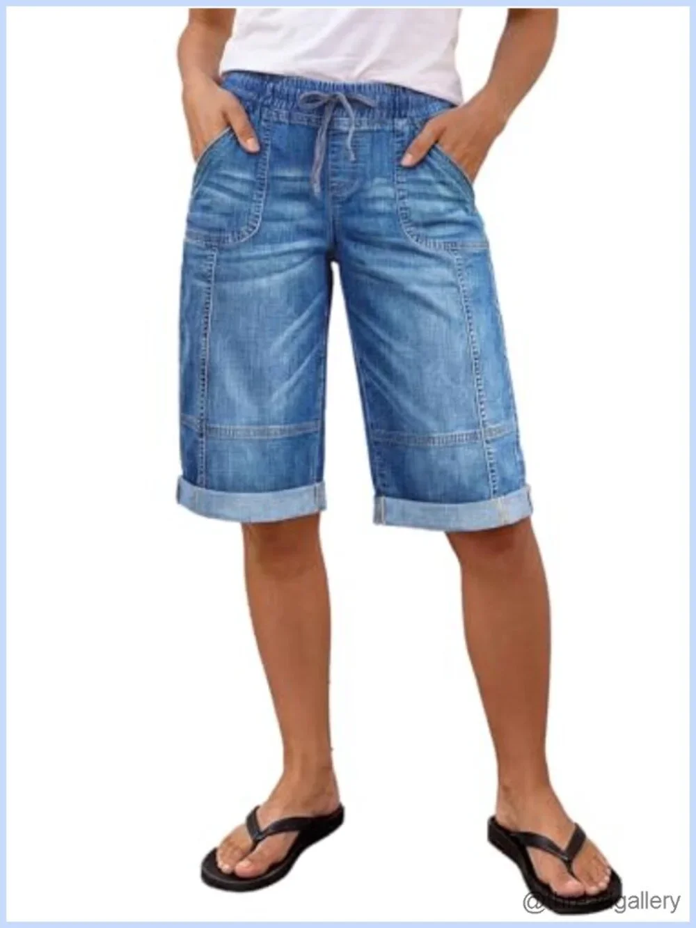Mid Rise Straight Leg Bermuda Denim Shorts Drawstring Waist